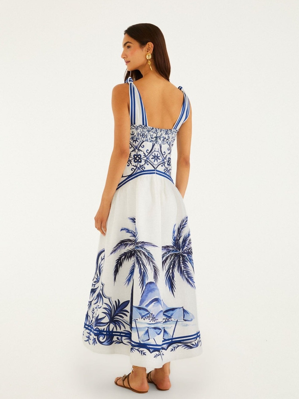 FARM Rio White and Blue Tropical Palm-Print Maxi Dress cut out wonderful city - Picture 4 of 4